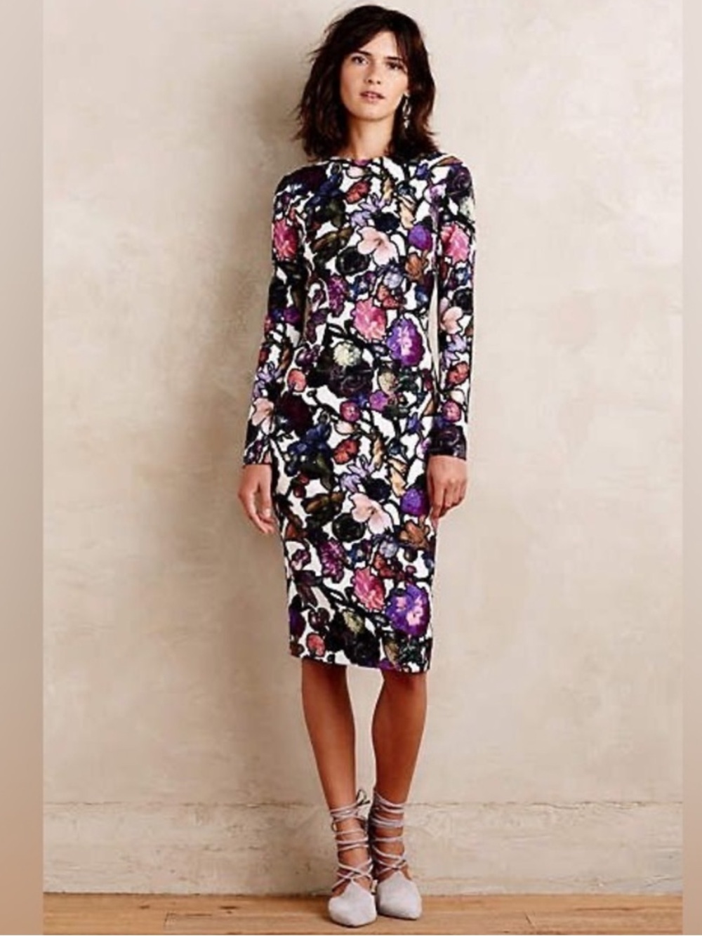 Cynthia Rowley Long-Sleeve Floral Sheath Dress in Purple and Pink, size 4.